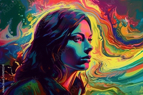 colorful abstract illustration of woman face in side profile created with Generative AI technology