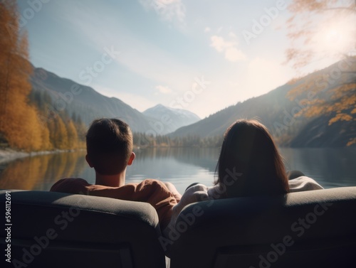 couple sitting on a Sofa and enjoying the view of the mountains and lake - Generative AI