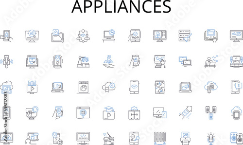 Appliances line icons collection. Hotel, Motel, Hostel, Inn, Lodge, Resort, Bedding vector and linear illustration. Guesthouse,Stay,Accommodation outline signs set