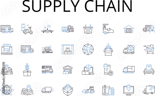 Supply chain line icons collection. Value stream, Logistics nerk, Manufacturing flow, Distribution channel, Product pipeline, Operations pipeline, Resource pipeline vector and linear illustration