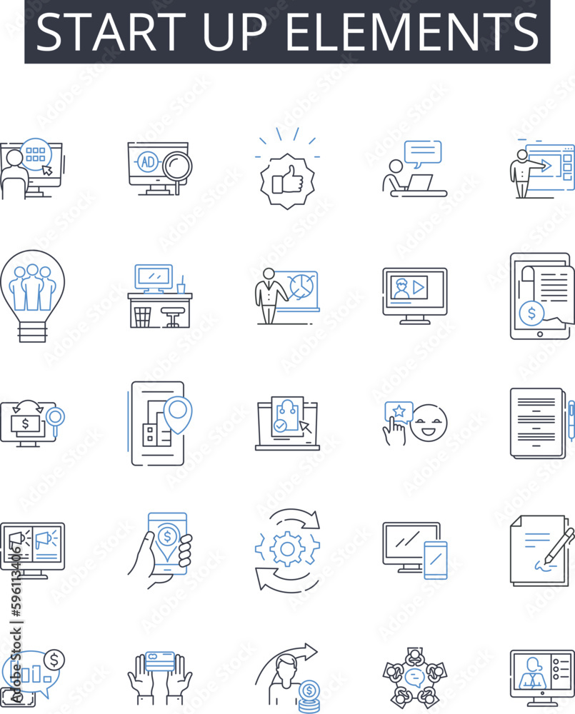 Start up elements line icons collection. Business launch, Initial phase, Commencing operations, Beginning stage, Primary phase, Startup kit, Opening steps vector and linear illustration. Early