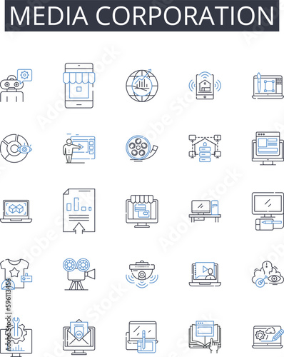 Media corporation line icons collection. Press outlet, News agency, Broadcast nerk, Publishing house, Communication conglomerate, Magazine publisher, Content provider vector and linear illustration