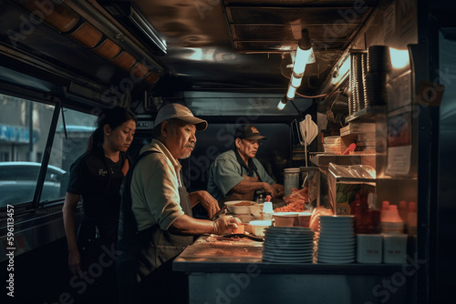 fast food truck employees cooks prepare a food order, campers in the fast food truck. Generative AI