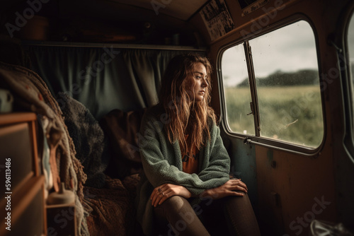 young sad or tired young adult woman in a camper van in gray rainy weather. Generative AI © wetzkaz