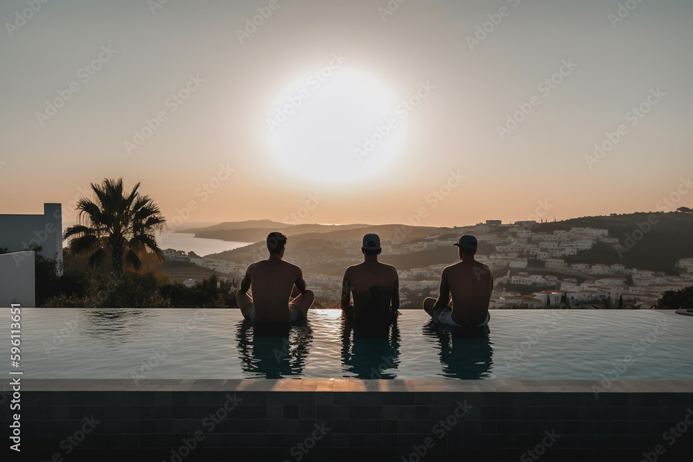 friends at the swimming pool, sitting together under sunny weather. Generative AI friends at the swimming pool, sitting together under sunny weather. Generative AI