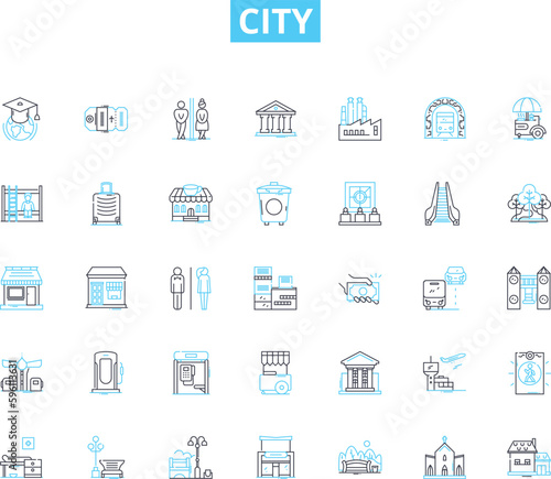 City linear icons set. Skyscrapers, Culture, Cuisine, Diversity, Architecture, Nightlife, History line vector and concept signs. Museums,Parks,Fashion outline illustrations Generative AI