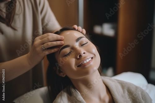 young adult woman girl receiving a face massage in a beauty salon. Generative AI