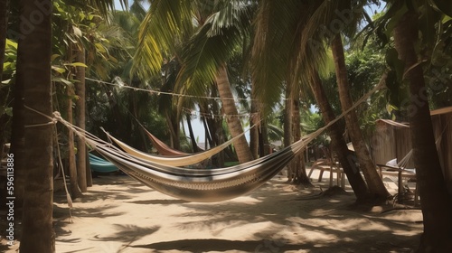 Hammock in the shade of palm trees  summer tropical vacation. AI generated