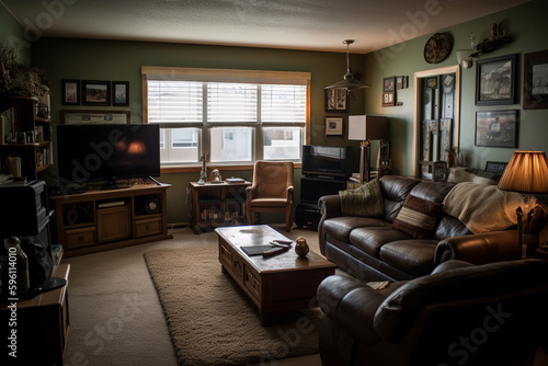 american apartment indoor living room. Generative AI © wetzkaz