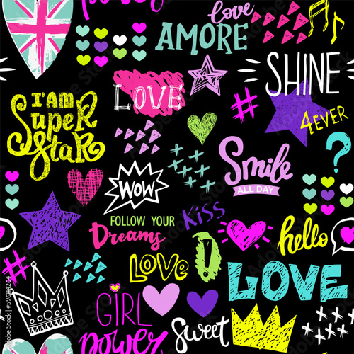 Bright seamless pattern with colorful hearts, words and geometric elements. Grunge neon texture background. Wallpaper for teenager girls. Fashion style 