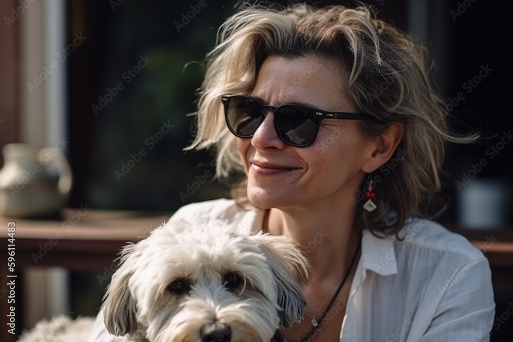 Mature woman sitting on the floor of her terrace sunbathing with her dog. Generative AI Mature woman sitting on the floor of her terrace sunbathing with her dog. Generative AI