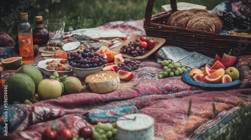 Outdoor picnic and relaxing with food and fruits. AI generated