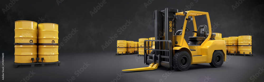 industrial Forklift with Oil Drums for Warehouse and logistics concepts, isolated on dark gray background as wide banner with copyspace area for text - Generative AI