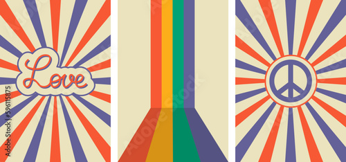 Collection Of Retro Posters. Love, Peace Sign, Rainbow. Vector Illustration