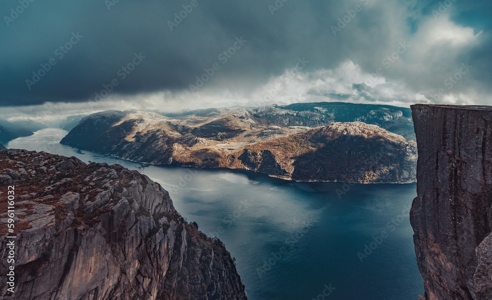 Lysefjord and Preikestolen cliff in cloudy weather, Norway
