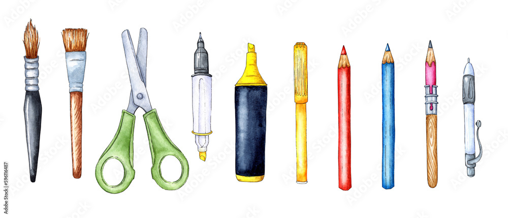 Watercolor illustration set of pencils and pens. Watercolor illustration set of pencils and pens.
