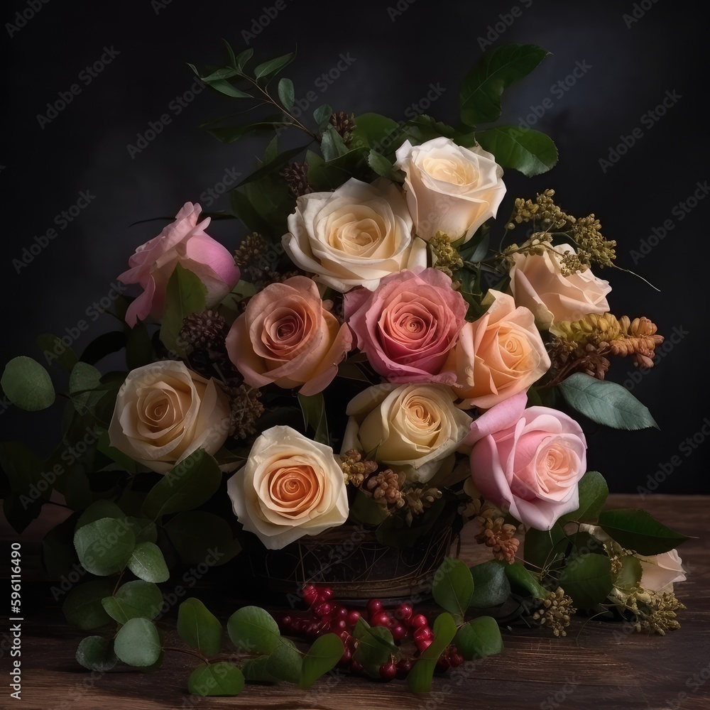 Classic bouquet with mixed roses and greenery. Mother's Day Flowers Design concept. Classic bouquet with mixed roses and greenery. Mother's Day Flowers Design concept.