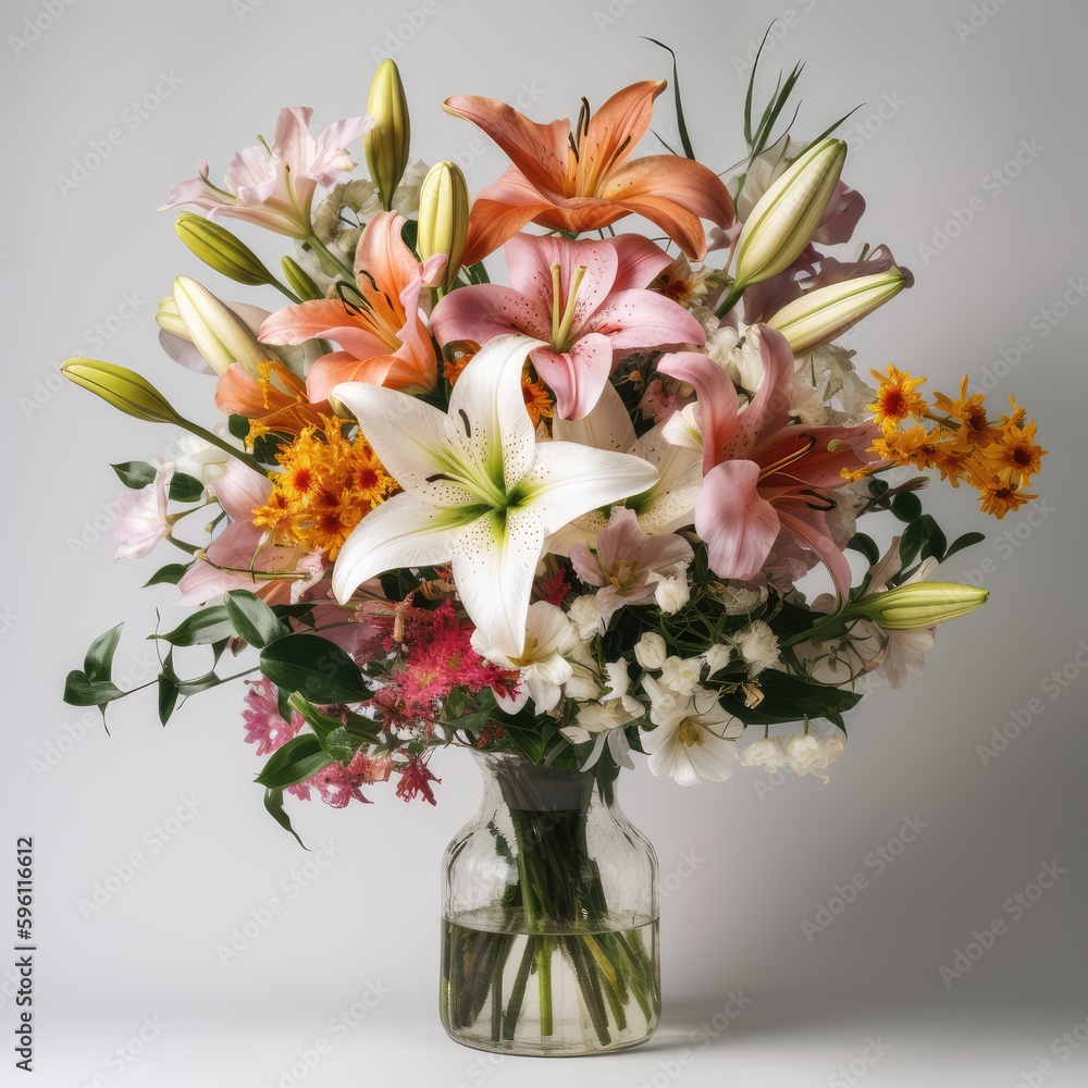 Obraz premium Mixed bouquet with lilies and daisies. Mother's Day Flowers Design concept.