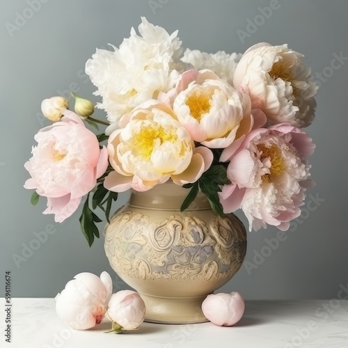Pastel peonies in a decorative vase. Mother's Day Flowers Design concept. © Man888