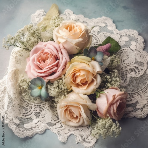 Nostalgic bouquet with vintage roses and lace. Mother s Day Flowers Design concept.