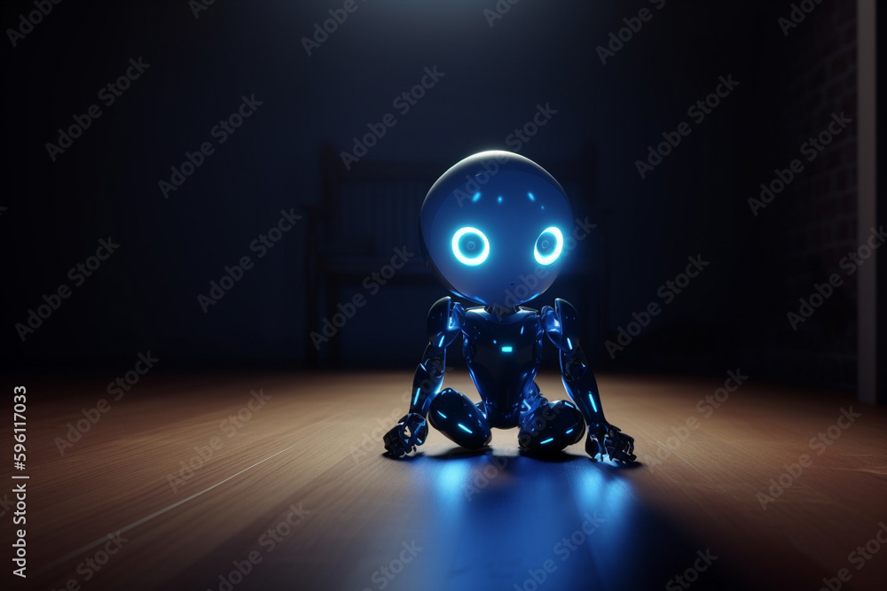 An animated robot sits alone in a dark, empty room, illuminated only by a glowing blue light emanating from its eyes. Its metallic body is still, but its mind is alive with thoughts and feelings,