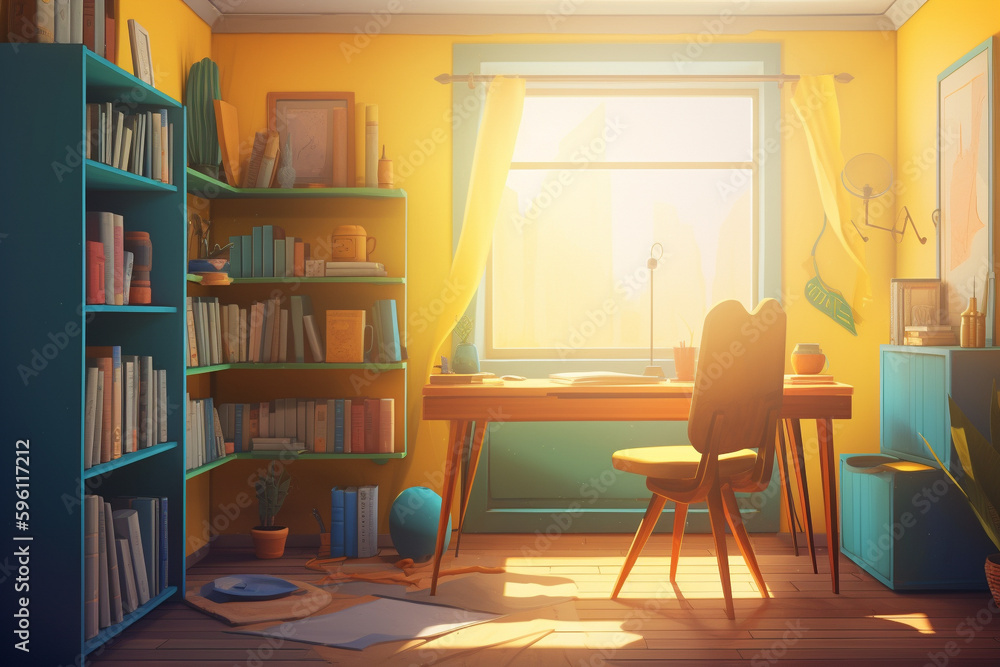 Fototapeta premium A cartoony workspace with a bright yellow desk, a green chair, and a sky blue bookshelf.