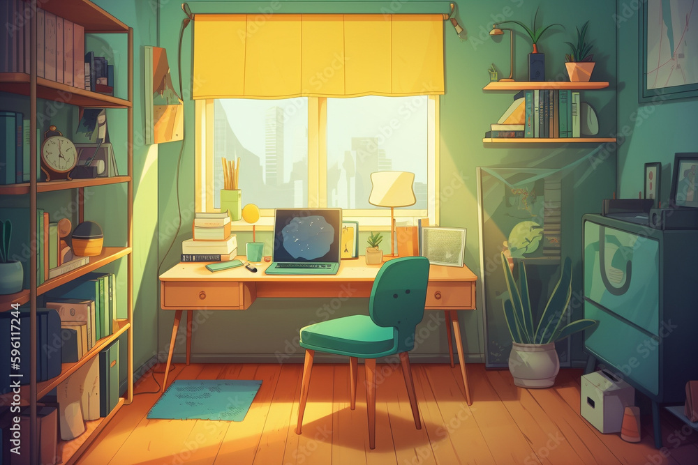 Fototapeta premium A cartoony workspace with a bright yellow desk, a green chair, and a sky blue bookshelf.