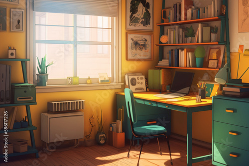 A cartoony workspace with a bright yellow desk, a green chair, and a sky blue bookshelf.
