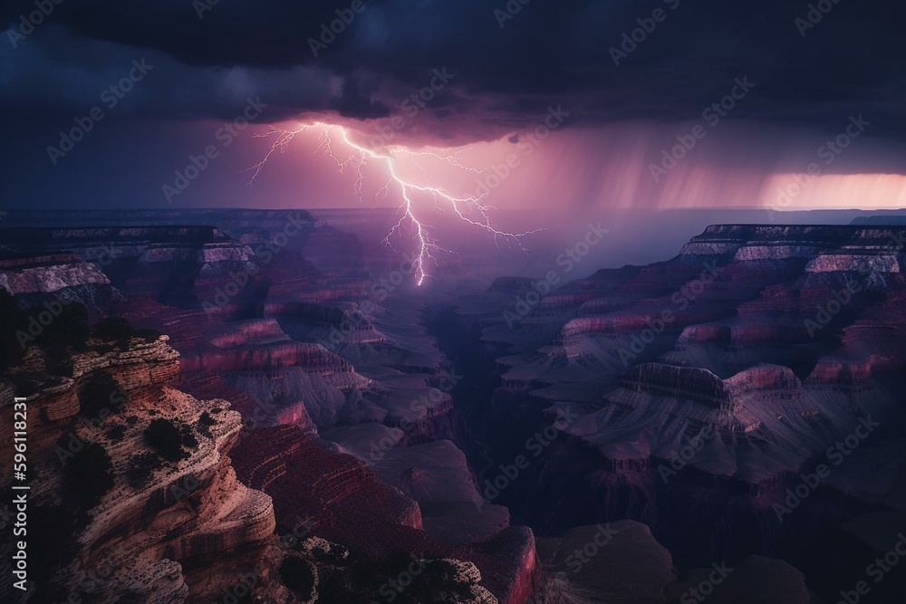 Vibrant lightning-filled canyon skies. Generative AI