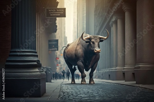 A charging bull illustration symbolizing the bullish market sentiment in the iconic Wall Street street, bustling with stock traders and investors. Ai generated.