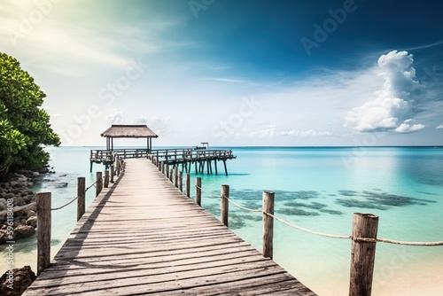 Quiet jetty on a paradisiacal beach overlooking the ocean, with no one. Ai generated. © Joaquin Corbalan