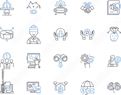 Automated manufacturing line icons collection. Integration, Efficiency, Innovation, Production, Precision, Robotics, Assembly vector and linear illustration. Optimization,Quality,Flexibility outline