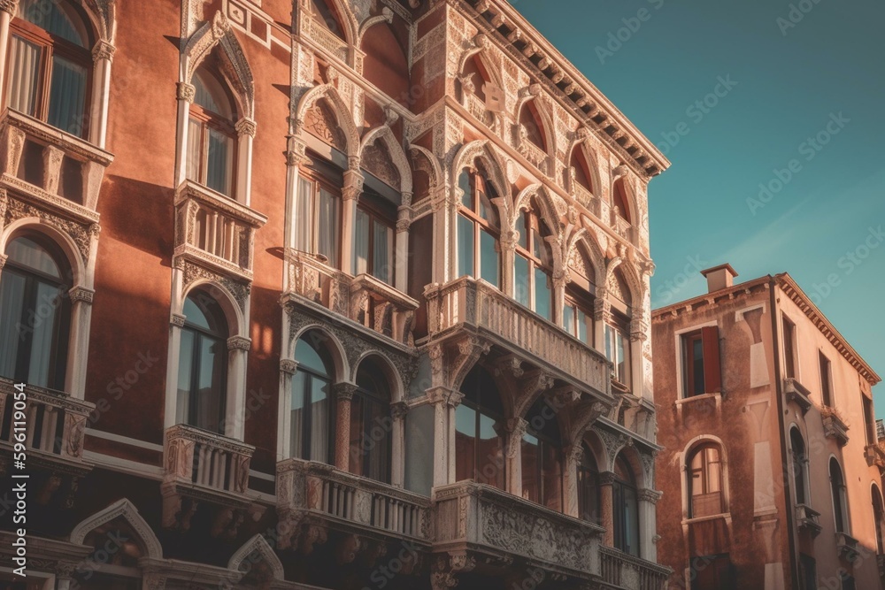 Retro-style artwork of beautiful buildings in Venice; creative, surreal, imaginative, and futuristic. Generative AI