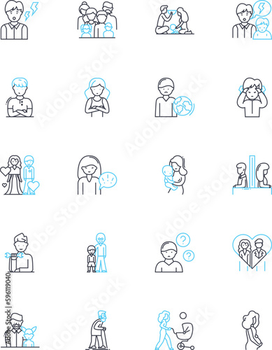 Child development linear icons set. Growth, Milests, Cognition, Communication, Language, Socialization, Play line vector and concept signs. Bonding,Attachment,Emotion outline illustrations