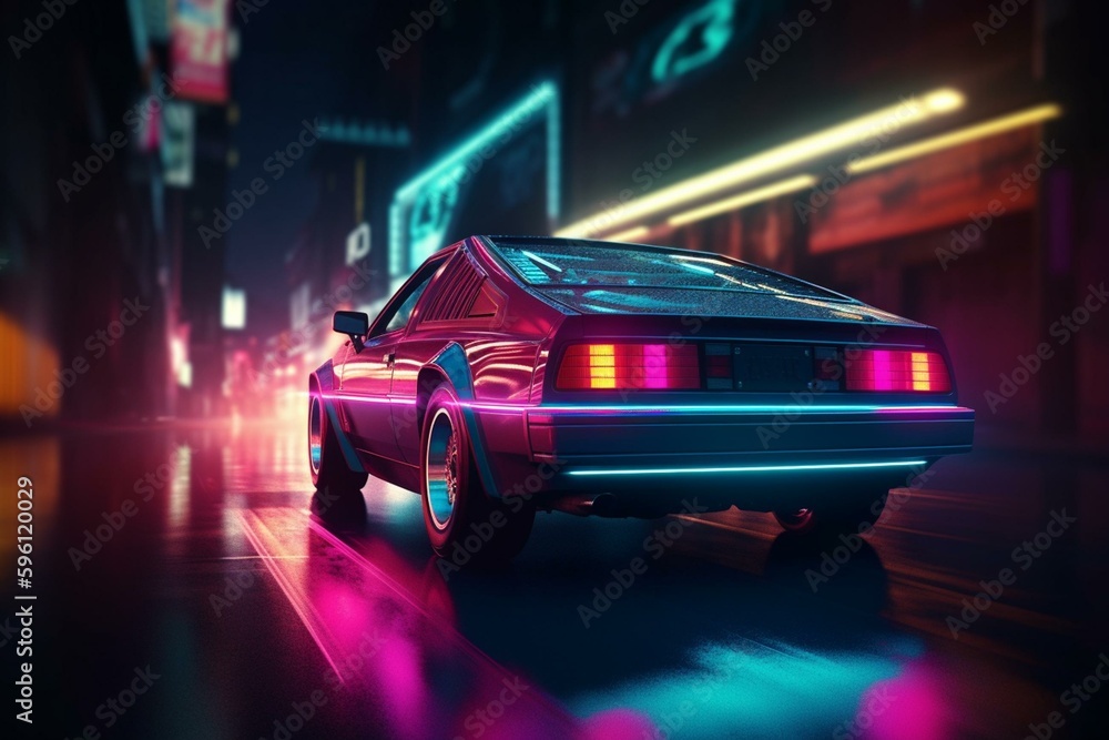 A vintage car racing through a neon retro wave backdrop of the 80s. Generative AI