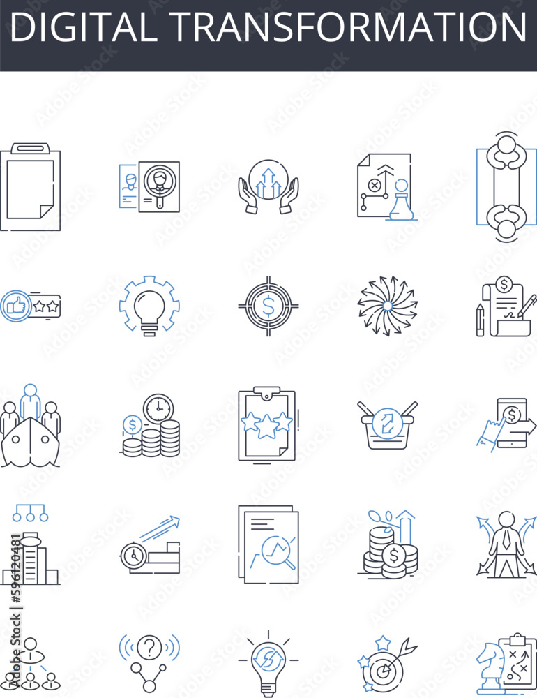 Digital Transformation line icons collection. Business Innovation , Market Disruption , Media Evolution , Cybersecurity Revolution , Social Media , Automation Process , Big Data vector and linear Digital Transformation line icons collection. Business Innovation , Market Disruption , Media Evolution , Cybersecurity Revolution , Social Media , Automation Process , Big Data vector and linear