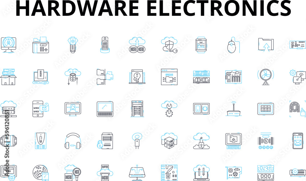 hardware electronics linear icons set. Circuitry, Microcontroller, Capacitor, Transistor, Diode, Resistors, Semiconductor vector symbols and line concept signs. Voltage,Amplifier,Battery illustration hardware electronics linear icons set. Circuitry, Microcontroller, Capacitor, Transistor, Diode, Resistors, Semiconductor vector symbols and line concept signs. Voltage,Amplifier,Battery illustration