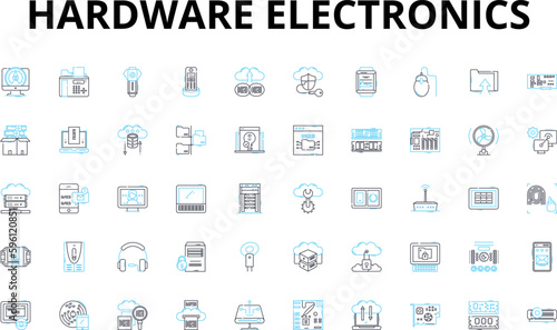 hardware electronics linear icons set. Circuitry, Microcontroller, Capacitor, Transistor, Diode, Resistors, Semiconductor vector symbols and line concept signs. Voltage,Amplifier,Battery illustration