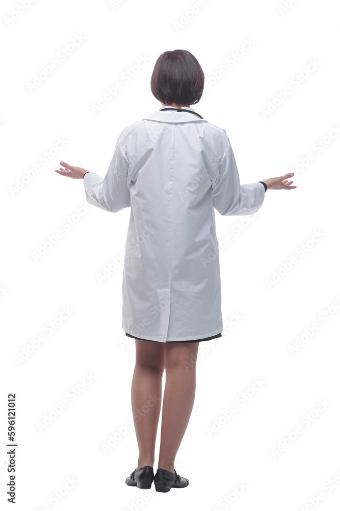 female doctor looking at a white screen. isolated on a white background. female doctor looking at a white screen. isolated on a white background.