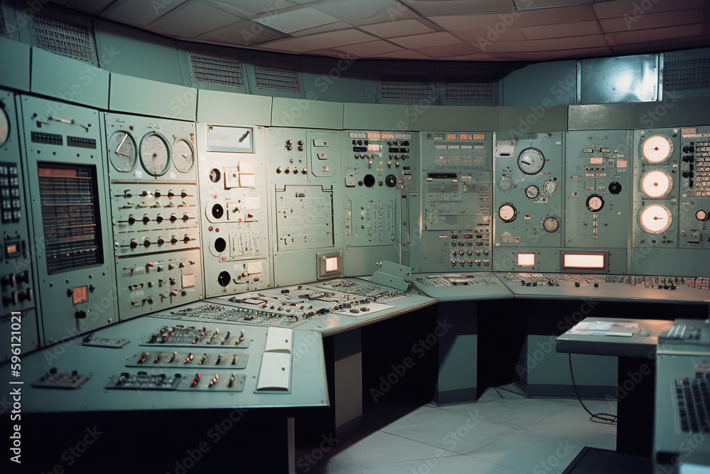 Illustration of a control room of an old decommissioned nuclear power plant. Generative AI Illustration of a control room of an old decommissioned nuclear power plant. Generative AI