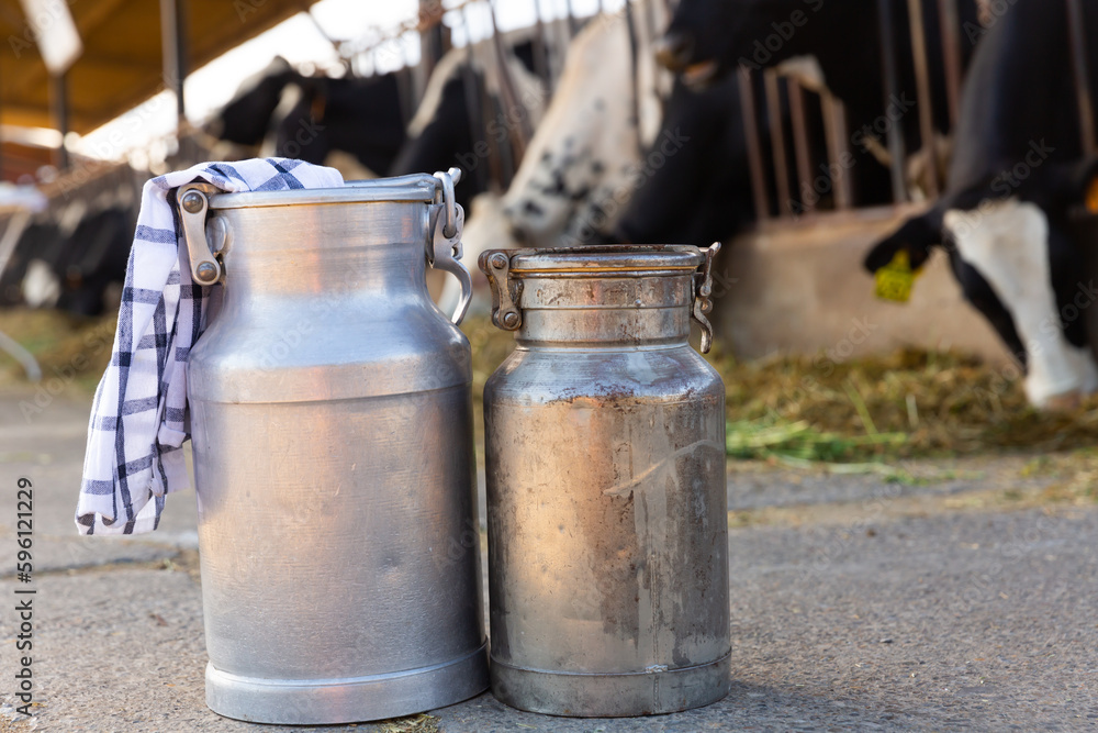 Image of two milk canisters standing on a farm in a cowshed. Close-up image