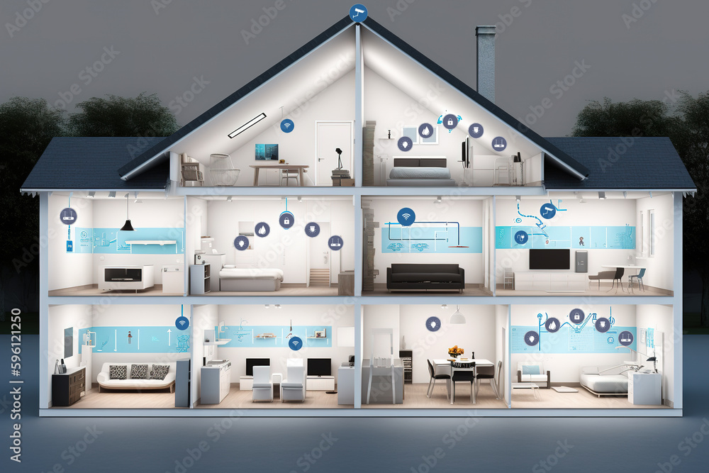 Cross section of a house with smart home connections, wifi stations ...