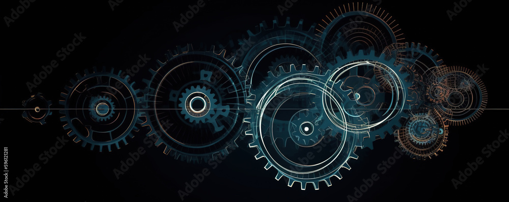 Abstract 3D gears on dark background. Concept of gear mechanics and cog mechanics. Digital polygonal mesh with points, lines and shapes. mechanical engineering wireframe. Generative AI - obrazy, fototapety, plakaty 