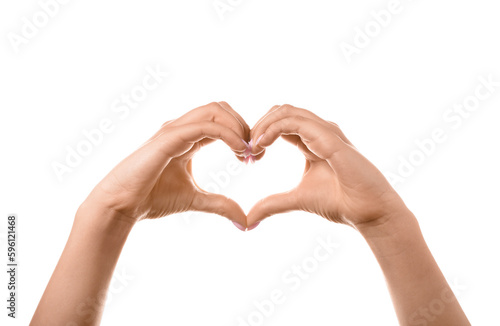 Woman making heart with her hands on white background