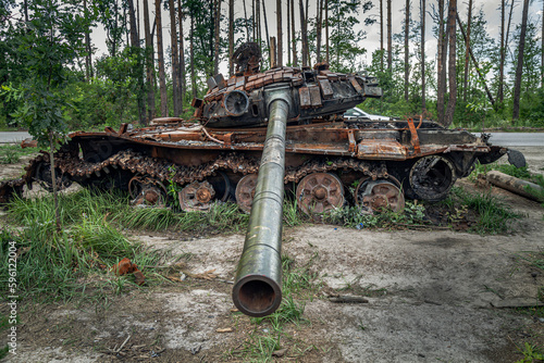 07 August 2022, Ukraine, 15 km near Kyiv to the northwest.
A group of destroyed Russian tanks near the Ukrainian capital, Kyiv, after the Russian invasion in February 2022. 