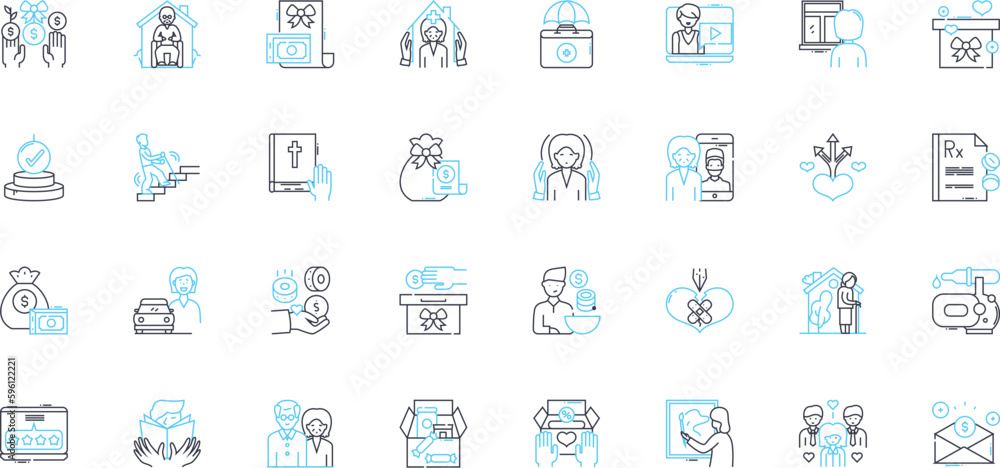 Geriatric care linear icons set. Aging, Elderly, Dementia, Alzheimer's, Palliative, Hospice, End-of-life line vector and concept signs. Independence, Mobility, Falls outline illustrations