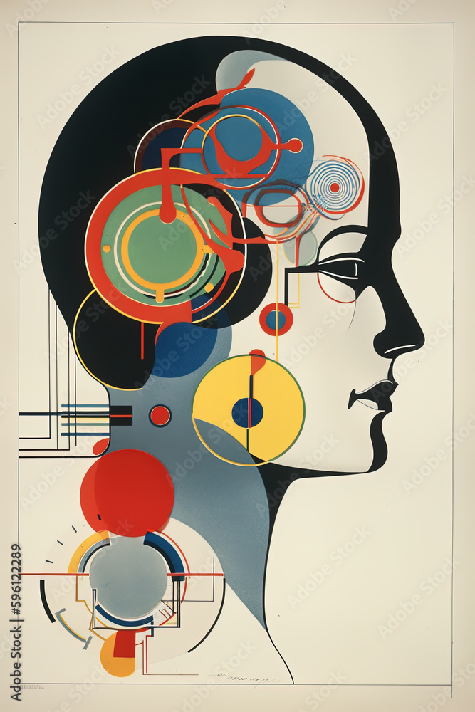 Obraz premium Human mind, Bauhaus style background, trendy 20s geometric design poster design, AI generative digital art.