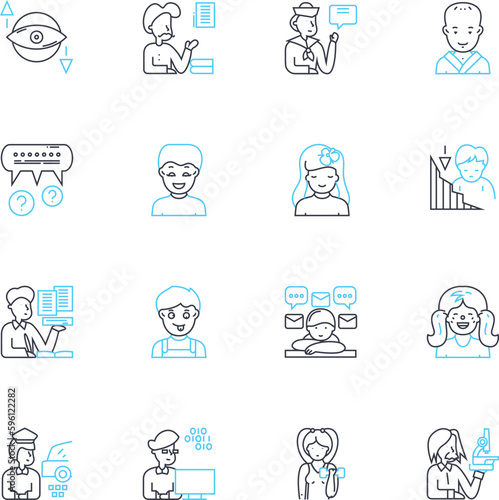 Calm demeanor linear icons set. Peaceful, Serene, Chill, Composed, Tranquil, Collected, Easygoing line vector and concept signs. Unperturbed,Nonchalant,Stoic outline illustrations