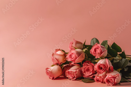 Bouquet of pink roses on pink  background, Mother's Day, Wedding, Valentine Day, Anniversary,  Spring, Card, Writing room, Generative AI, Generative, AI