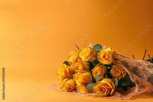Bouquet of yellow roses on yellow background, Mother's Day, Wedding, Valentine Day, Anniversary,  Spring, Card, Writing room, Generative AI, Generative, AI